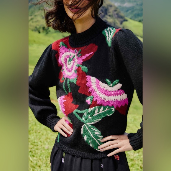 Farm Rio: Black Bold Colorful Flower Embroidered Knit Sweater - Picture 3 of 14